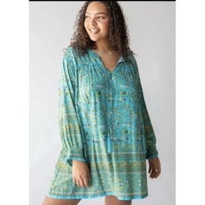 Natural Life Dara Dress Size XL V-Neck Boho Floral Long Sleeve Mini Teal Tassels